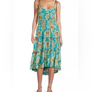 Free People Adriel Dress Large Floral Tiered Cami Smocked Boho Prairie Hawaiian